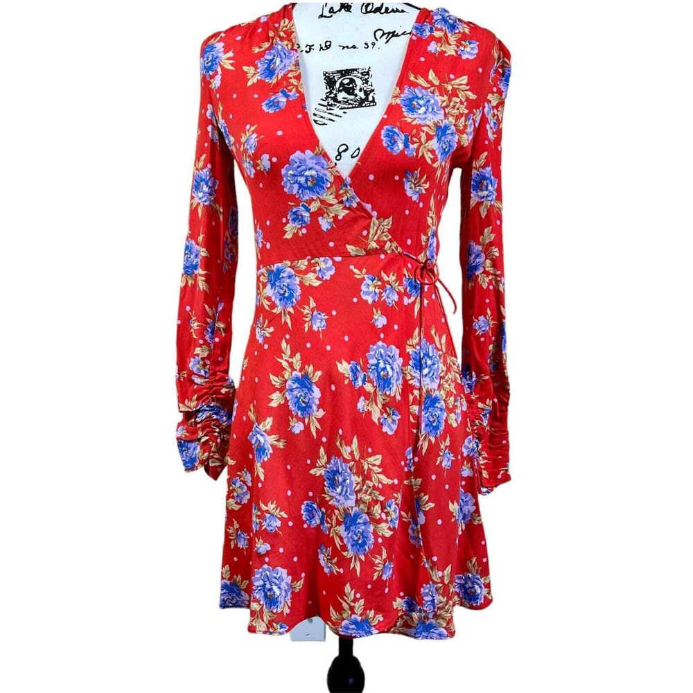 Tahari orange FLORAL dress Mini Wrap ruched sleeve Dress size 2 boho